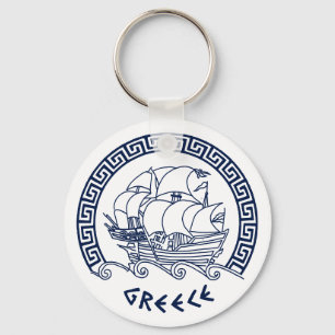 Greek Traditional Ship Motif Inside a Meander Key Ring