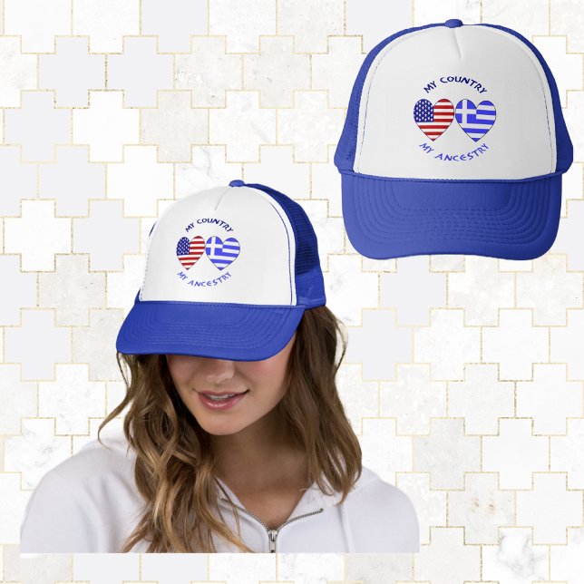 Greek USA Flags Hearts My Country My Ancestry Trucker Hat (Creator Uploaded)