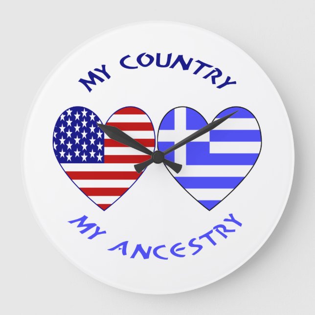 Greek USA Hearts Country Ancestry Large Clock (Front)