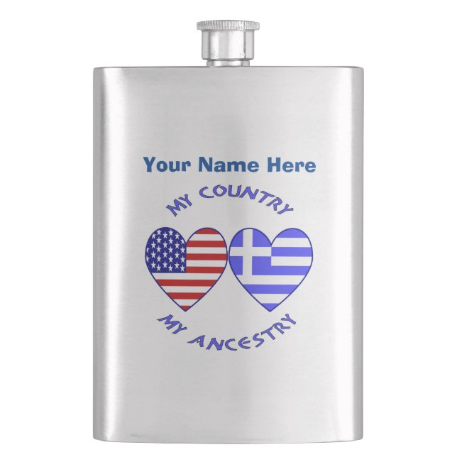 Greek USA Hearts Country Ancestry Personalised  Hip Flask (Front)