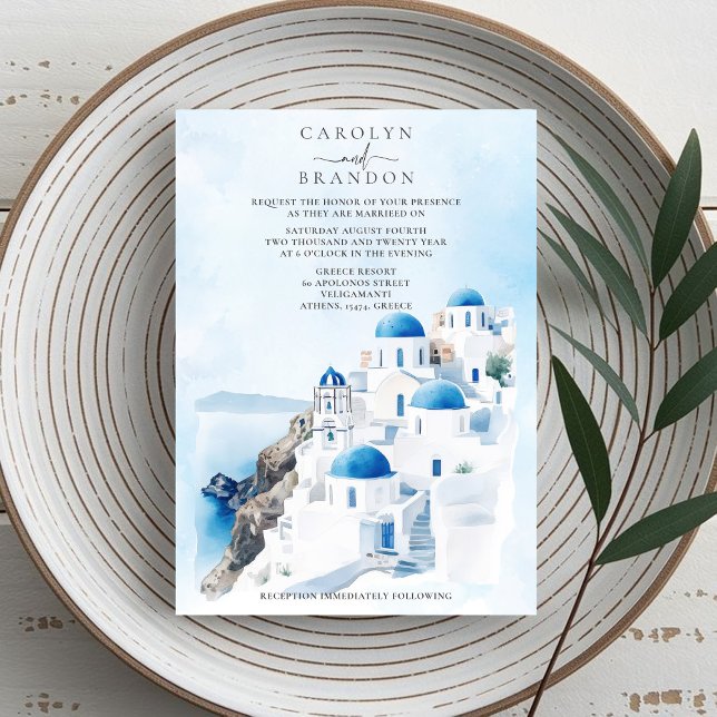 Greek Wedding Invitation (Greek Wedding Invitation with Santorini Buildings)
