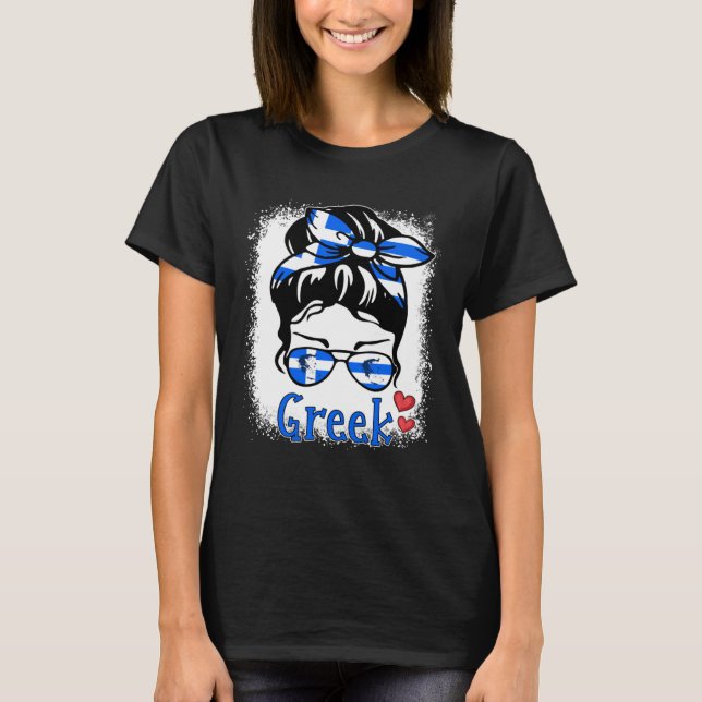 Greek Woman Messy Bun Glasses Greece Girl Flag Pat T-Shirt (Front)