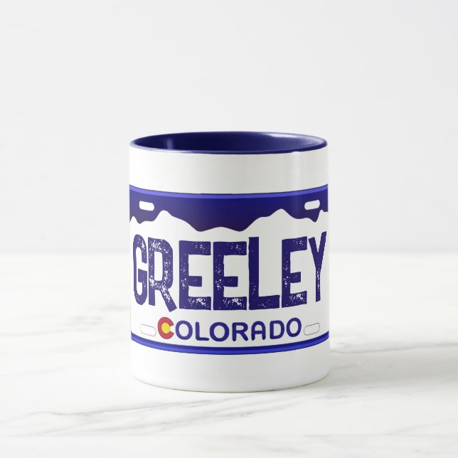 Greeley Colorado blue license plate mug (Center)