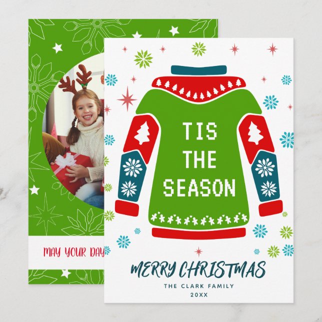 Green 1 Photo Family Ugly Sweater Tis the Season Holiday Card (Front/Back)