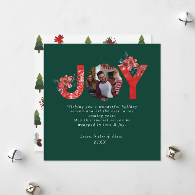 Green 1 Photo Joy Simple Custom Christmas Holiday Card (Front/Back In Situ)