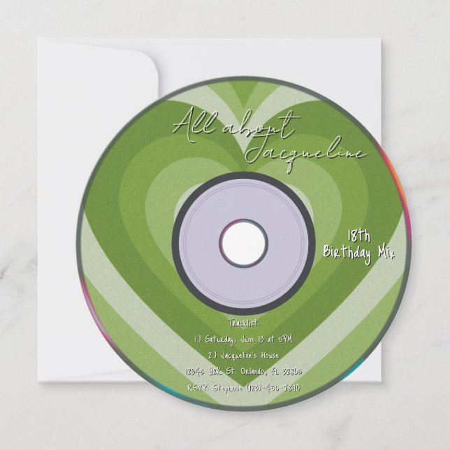 Green 2000s Aura Hearts Music CD Birthday Invitation (Front)