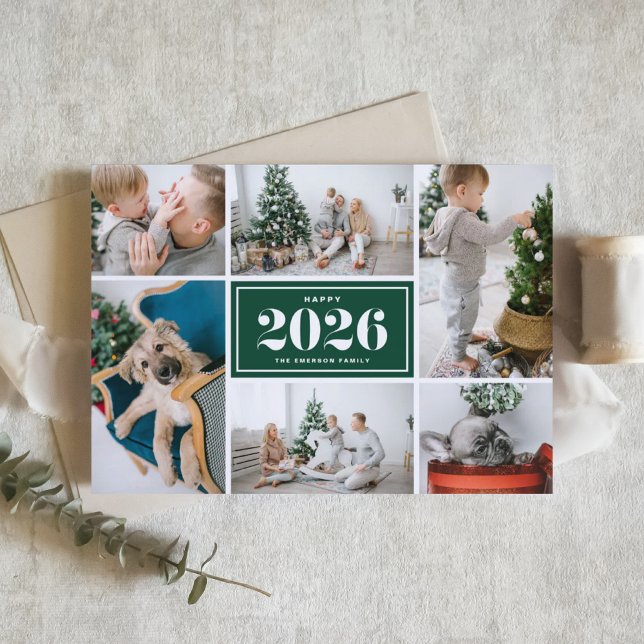 Green 2025 Happy New Year Photo Collage Holiday Card (Send 2026 new year cheer with this customizable green photo collage Happy New Year Card. )