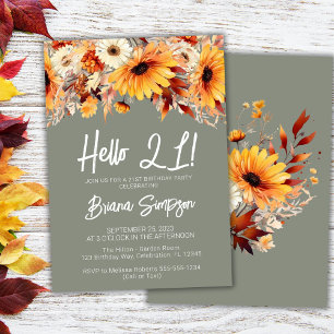 Green 21st Birthday Fall Floral  Invitation