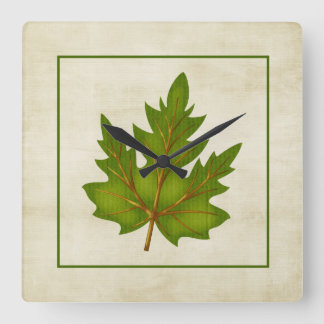 Green 2 Leaf Fall Season Themed Square Clock