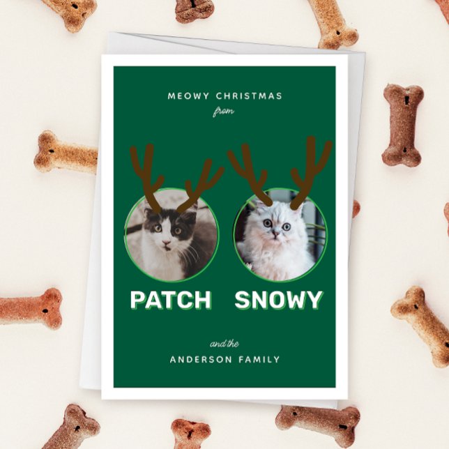 Green 2 Pet Photo Meowy Christmas Holiday Card (Green folded two photo pet Christmas holiday card with message "Meowy Holidays" with antlers)