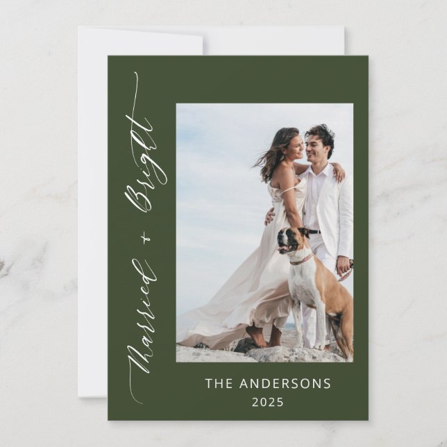 Green 2 Photo Married Bright Wedding Christmas Thank You Card (Front)