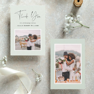 Green 2 Photo Modern Calligraphy Wedding Thank Y You Card