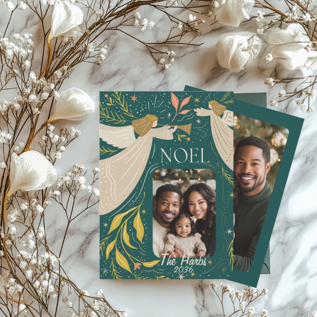 Green 2 Photo Noel Card with Angels Greeting Card (Green Noel Holiday 2 Photo Greeting Card)