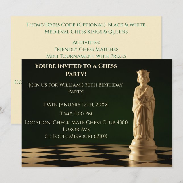 Green 30th Birthday Party Chess King Invitation (Front/Back)