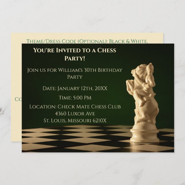 Green 30th Birthday Party Chess Knight Invitation (Front/Back)
