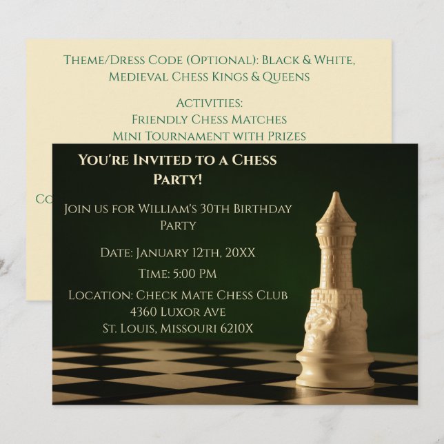 Green 30th Birthday Party Chess Rook  Invitation (Front/Back)