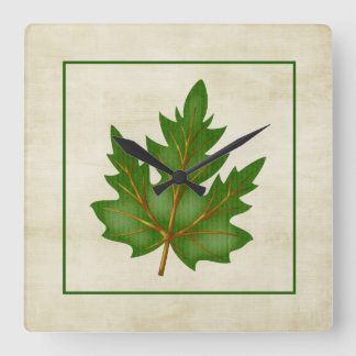 Green 3 Leaf Fall Season Themed Square Clock