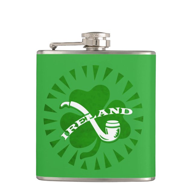 Green 3 Leaf Shamrock Pipe And Irland Text Hip Flask (Front)