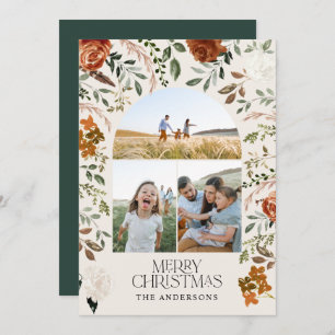 Green 3 photo botanical elegant rustic arch holiday card