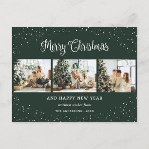 Green 3 Photo Collage Snow Minimalist Holiday Postcard