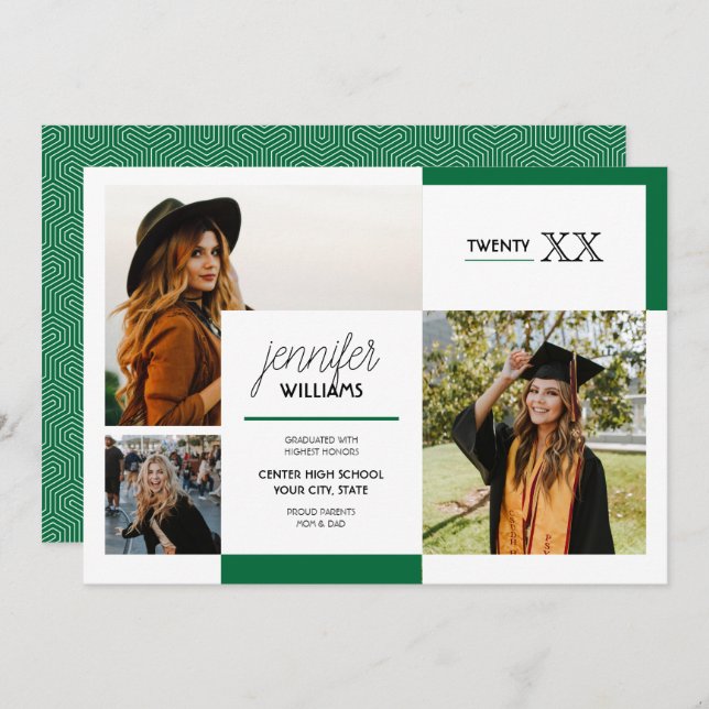 Green 3 Photo Graduation Announcement (Front/Back)
