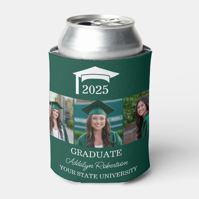 Green 3 Photo Graduation Cap Class 2025 Can Cooler (Can Front)