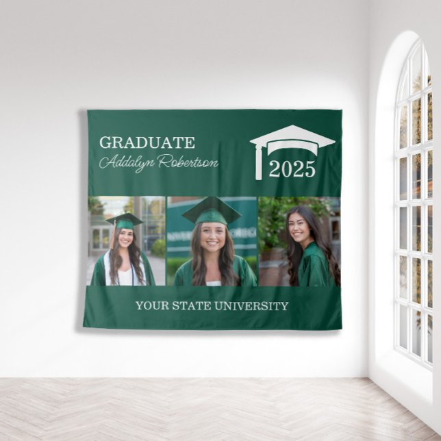 Green 3 Photo Graduation Cap Class 2025 Tapestry (Green and white 3-photo graduation party wall tapestry.)