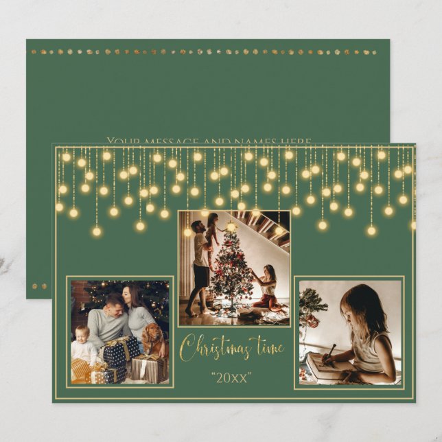Green 3 Photos Christmas Time Gold Holiday Card (Front/Back)