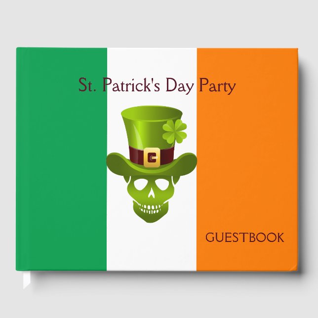 Green 4 Leaf Shamrock Skull With Hat Guest Book (Front)