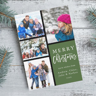 Green 4 Photo Collage Modern Merry Christmas Holiday Card