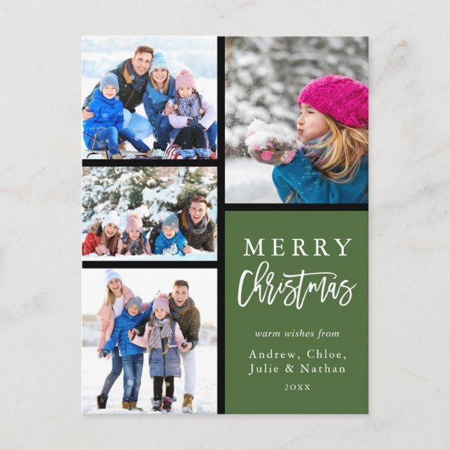 Green 4 Photo Collage Modern Merry Christmas Holiday Postcard (Front)