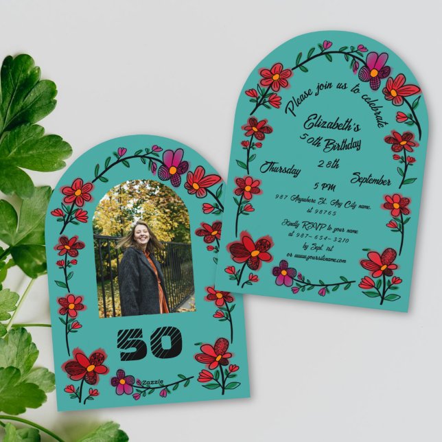 Green 50th Birthday Party Whimsical Doodle Flowers Invitation (Creator Uploaded)