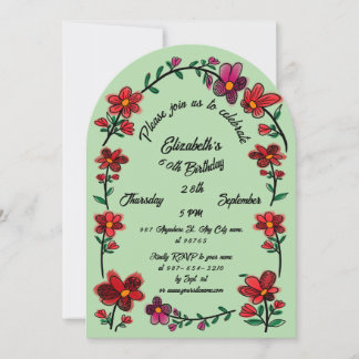 Green 60th Birthday Party Whimsical Doodle Flowers Invitation