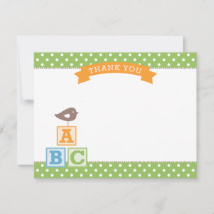 Green ABC Blocks Bird Baby Shower Thank You Card