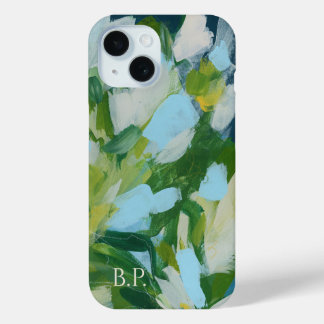 Green Abstract Art Monogram Custom Name iPhone 15 Case