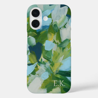 Green Abstract Art Monogram Custom Name iPhone 16 Case