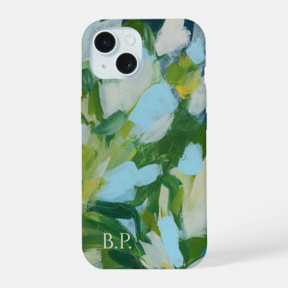 Green Abstract Art Monogram Custom Name iPhone 15 Case