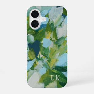 Green Abstract Art Monogram Custom Name iPhone 16 Case