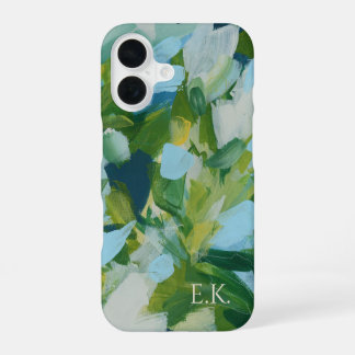 Green Abstract Art Monogram Custom Name iPhone 16 Case