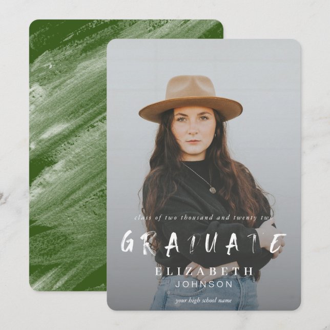 Green Abstract Brushstrokes Photo Graduation Announcement (Front/Back)