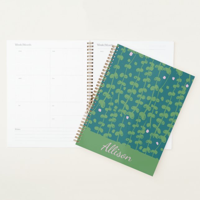 Green Abstract Floral Vines Pattern Personalised Planner (Display)