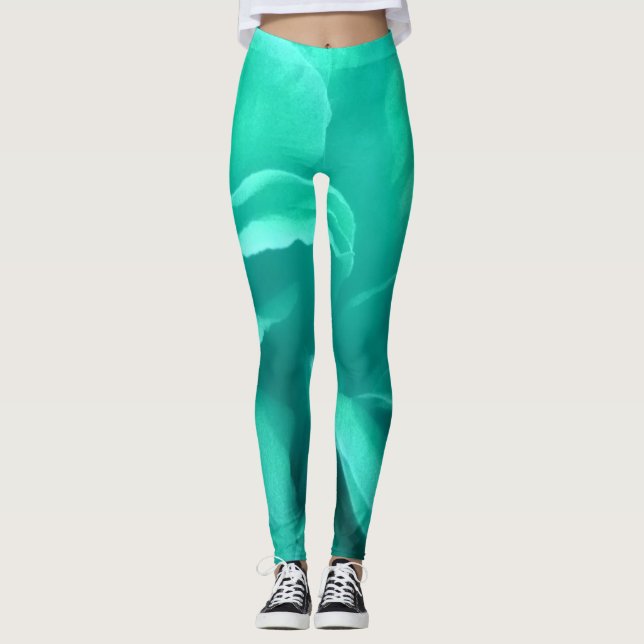 Green Abstract Marble Floral Pattern Leggings (Front)