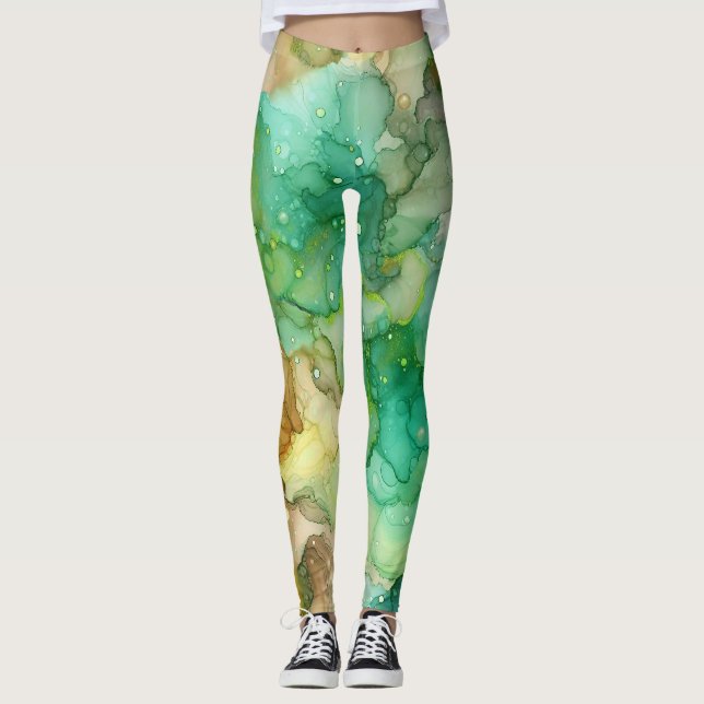 GREEN ABSTRACT MARBLE LEGGINGS (Front)