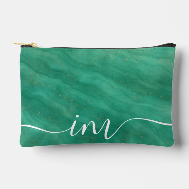 Green Abstract Marble with Custom Initials -  Accessory Pouch (Front)