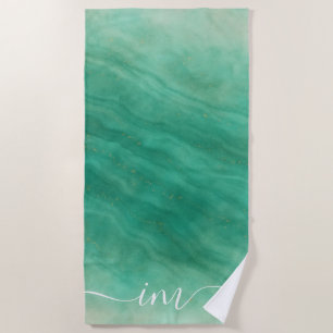 Green Abstract Marble with Custom Initials - Beach Towel
