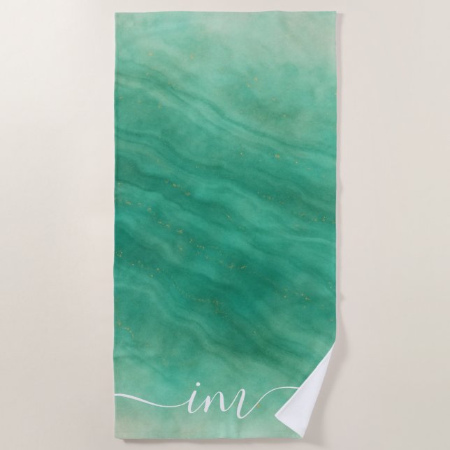 Green Abstract Marble with Custom Initials -  Beach Towel (Front)