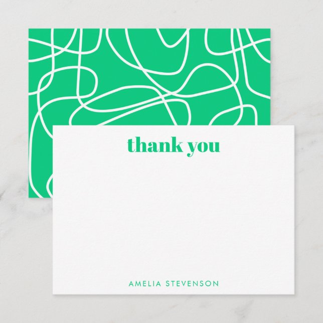 Green Abstract Modern Line Art Personalised Name Thank You Card (Front/Back)