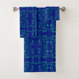 Green abstract vines blue pattern bath towel set