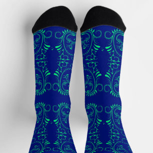 Green abstract vines blue pattern socks