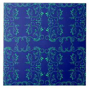 Green abstract vines blue pattern tile